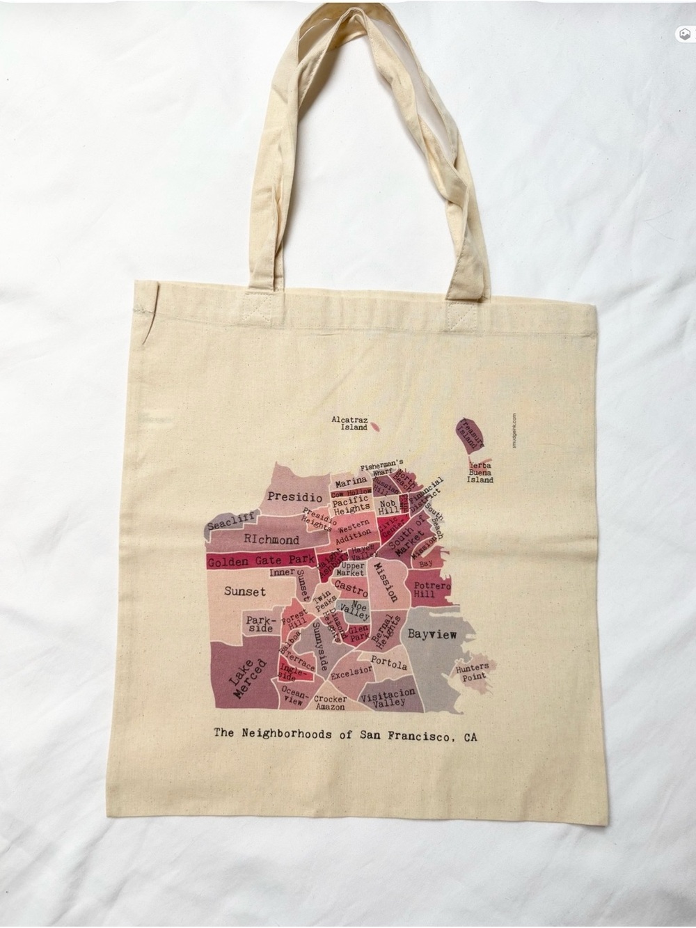Beige Canvas Tote with Pink Map Print - San Francisco Neighborhoods